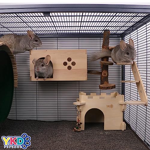 YKD Natural Birch Wooden Chinchilla House with Ladder | Ventilated Small Animal Hideout with Multiple Doors for Sugar Gliders, Squirrels & Small Pets