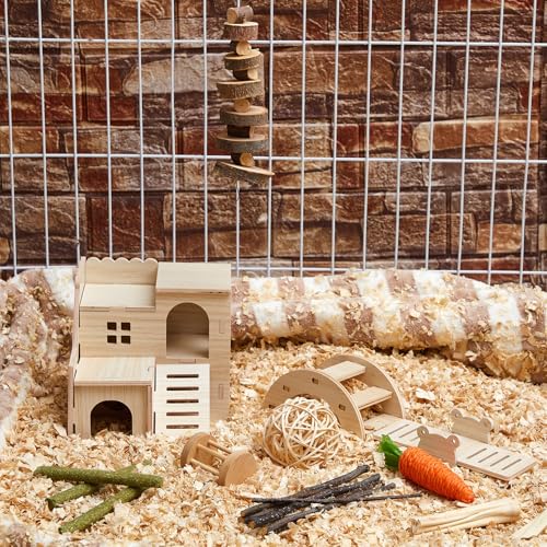 8 Pcs Hamster Cage Accessories Hamster Starter Kit with Maze Wood House, Bridge, Seesaw, Chew Toys Set for Gerbils and Mice Small Animals Habitat Supplies(Classic Villa) - style: Classic Villa