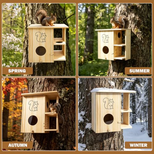 Large Squirrel House for Outside with Window, Wooden Squirrel Nesting Box | observation window, Dual Balconies, Lockable Front Panel, Extend the Eaves