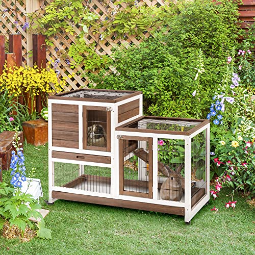 PawHut Wooden Rabbit Hutch Elevated Bunny Cage Indoor Small Animal Habitat with Enclosed Run with Wheels, Ramp, Removable Tray Ideal for Guinea Pigs, Brown | Small Animal Habitat, Enclosed Run, Wheels, Ramp, Removable Tray - color: Brown
