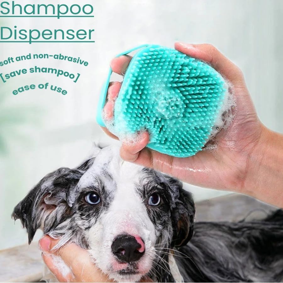 1pc blue pet massage brush and bath brush with soap dispenser design, soft silicone material that won't damage pet hair. Pet grooming tools suitable for various pets such as dogs and cats