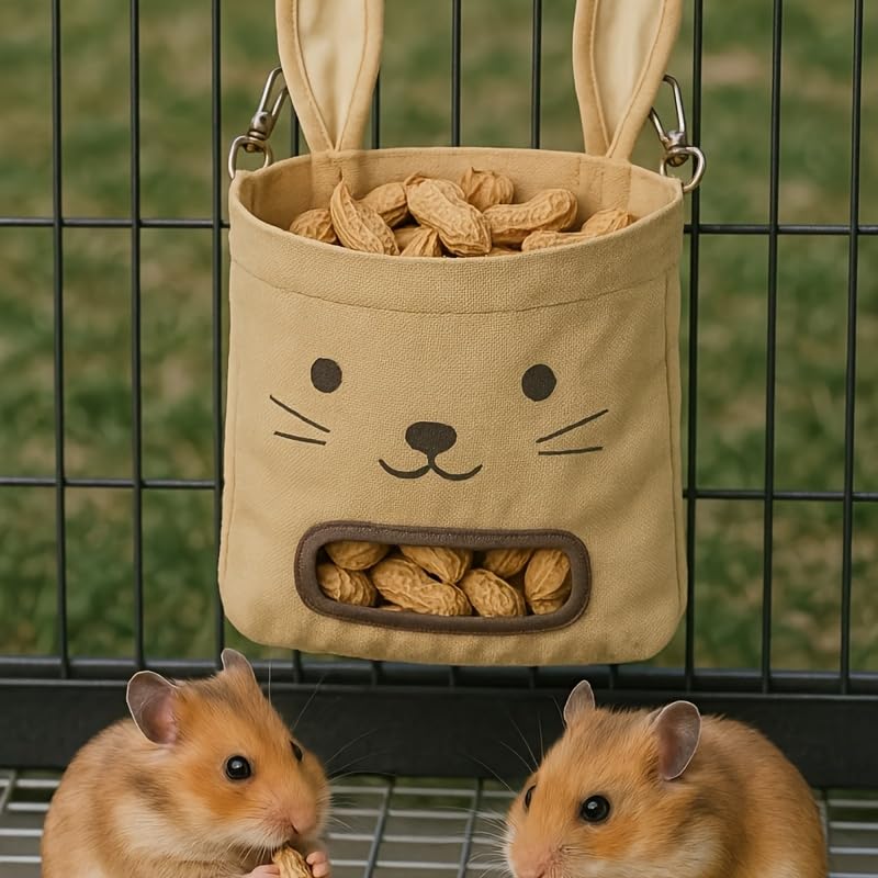 Hanging Hay Feeder Bag 1PCS Khaki Polyester Small Animal Hay Sack, Cage Hay Rack for Rabbits Guinea Pigs Chinchillas, Mess-Free Slow-Feed Hay Dispenser, Easy-Clean Pet Supplies