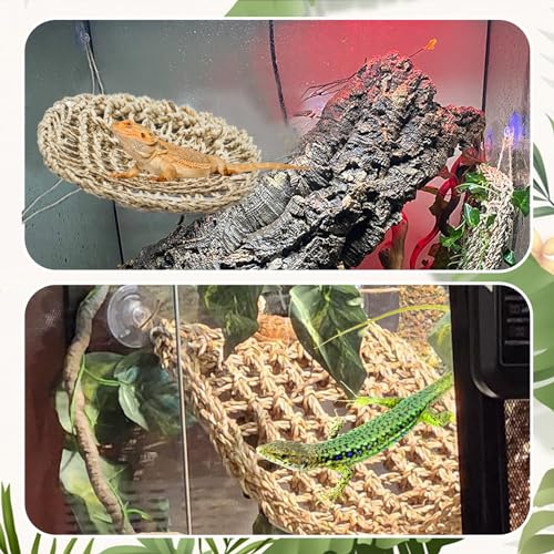 PINVNBY Bearded Dragon Hammock with Suction Cups,Lizard Lounger Natural Seagrass Reptiles Hammocks Reptile Tank Accessories Jungle Plants Climber Vines Leaves Habitat Decor for Lizards Chameleon Gecko