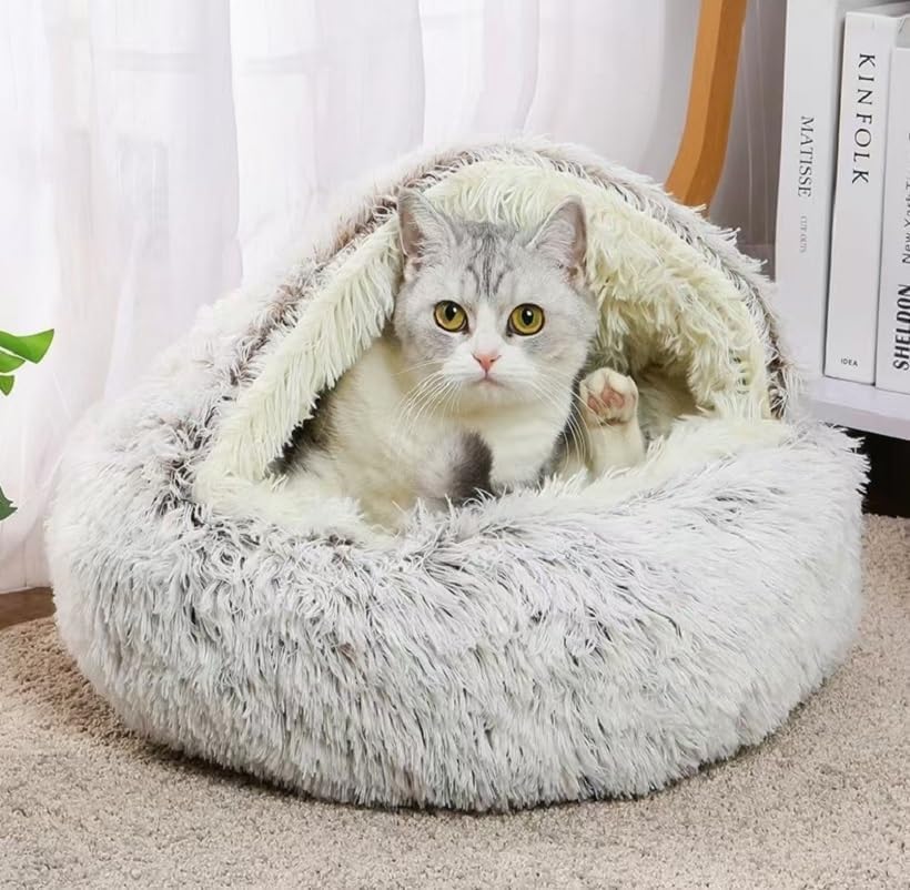 Cat Bed Round Fluffy Hooded Cat Bed Cave, Anti-Anxiety Cave Bed with Hooded Blanket, Cozy Cuddler Luxury Puppy Pet Bed, Anti-Slip Bottom and Machine Washable (Coffee, Medium) - color: Coffee, size: Medium