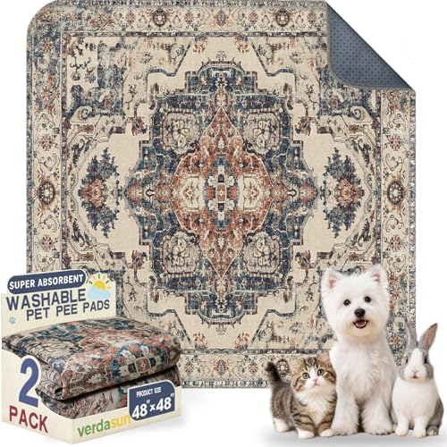 Washable Pee Pads for Dogs, Reusable Puppy Potty Training Pads, Ultra-Absorbent Thick Waterproof Leak-Proof Non-Slip Pads & Mat for Crate, Playpen, Floor, Whelping & Housebreaking , 2 Pack 48"x48" - color: Beige/Blue/Multi, size: 48" ×48"(pack of 2)
