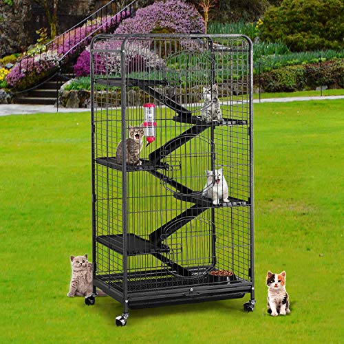 Metal 6 Levels Ferret Cage Playpen for Rabbit Chinchilla Squirrels w/3 Doors/Bowl/Water Bottle 25.2 x 16.9 x 51.6 Inch Black
