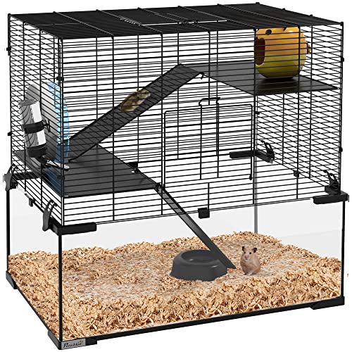 PawHut Large Hamster Cage with Deep Tempered Glass Bottom, 3 Tiers Hamster Tank with Running Wheel, Hut, Water Bottle, Dish, Rat Cage for Syrian, Dwarf, Gerbils, Mouse, 23.5" x 16" x 22.5", Black | 3 Tiers Hamster Tank, Running Wheel, Hut, Water Bottle, D