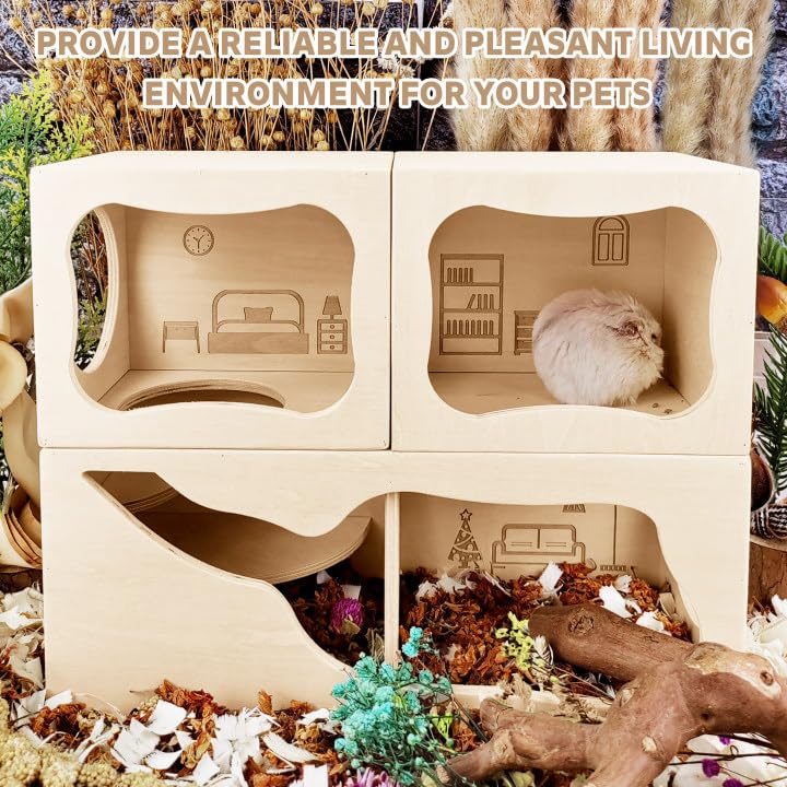Hamster Hideout Wooden House,Hamsters Multi Chamber Hideout,Small Animal Habitat for Clear Observation,Hamster Toys for Dwarf Hamstersm,Gerbils, Hedgehogs, Rats, Mice(Study Room) - color: Study Room