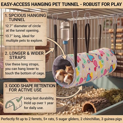 petonfun 2 Pack Ferret Rat Hammock Tunnel for Cage Accessories Toy Bed,Grey | Large Size, Wider Tube, Double Sided, Durable & Soft, Hideout for Guinea Pig & Chinchilla to Hide, Suitable for Small Animals