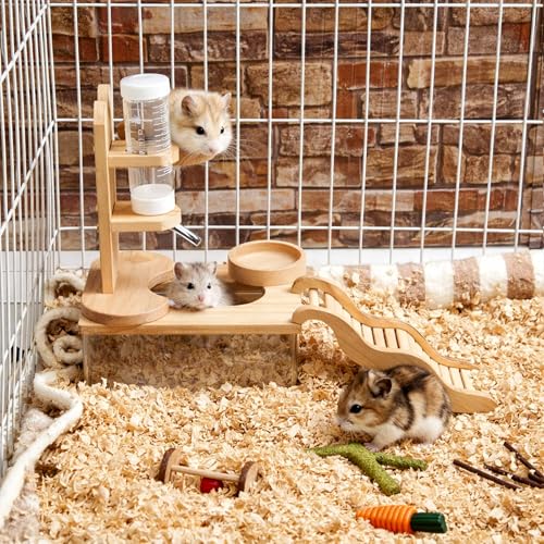 4 Pcs Hamster Cage Accessories Water Bottle Set,Rectangle | Hamster Sand Bath Box Feeding Bowl Climbing Toy Wooden Ladder Bridge Set for Rat Mice Small Animals Habitat Decor Enrichment