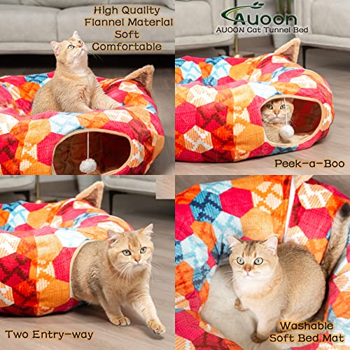 AUOON Cat Donut Tunnel with Bed for Kitten Puppy Rabbit Ferret, Orange | 2-in-1 Interactive Cat Toy, with Hanging Ball Toy, Machine Washable Center Pad, 36"L x 36"W x 10.7"H - color: Orange