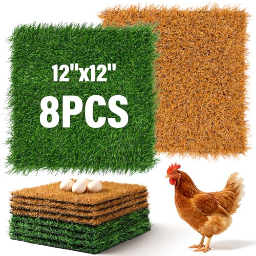 8 PCS Chicken Nesting Pads 12''x12''washable nesting pads for chicken coop | Artificial Grass Box Liners for Laying Eggs Green and Light Brown Chicken Bedding for Nesting Box Pets Garden Indoor Outdoor - size: 8 PCS