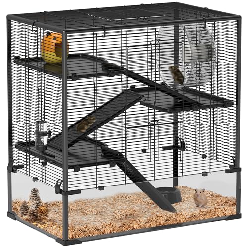 PawHut Large Hamster Cage with 9" Deep Tempered Glass Bottom, 4 Tiers Hamster Tank with Running Wheel, Hut, Water Bottle, Dish, Rat Cage for Syrian, Dwarf, Gerbils, Mouse, 31" x 19" x 31.5", Black | 4 Tiers Hamster Tank, Running Wheel, Hut, Water Bottle,