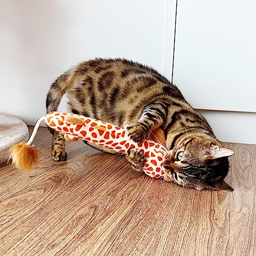 TTcat Large 11.42 Inch Giraffe Silvervine Cat Kick Toy, Crinkle Plush Cat Chew Pillow Toy with Bell Tail, Interactive Kitten Teething Stuffed Toy for Biting, Wrestling & Playing.