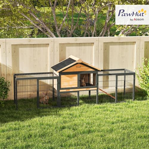 PawHut Rabbit Hutch Outdoor 85" Large with Steel Run for 2-3 Small Animals | Wooden Bunny Cage, Removable Tray, Waterproof Roof, Ramp, Metal Guinea Pig Cage, Rabbits, Chickens, Ducks, Backyard Garden