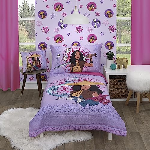 Disney Raya and The Last Dragon Mythic Pop Lavender, Magenta, and Blue with Sisu Dragon and Tuktuk 4 Piece Toddler Bed Set - Comforter, Fitted Bottom Sheet, Flat Top Sheet, and Reversible Pillowcase - color: Disney Raya and the Last Dragon