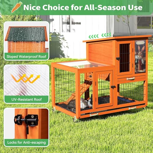 COZIWOW Rabbit Hutch Indoor Outdoor with Wire Floor & Removable Tray Orange | 2-Story Large Wooden Bunny Cage on Wheels, No-Spill Design, Chewproof Ramp for Multiple Small Animals