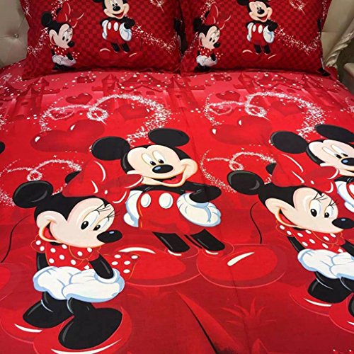 100% Cotton Kids Reversible Printing Mickey Mouse Couples Duvet Cover 3PCS Bedding Set with Zipper Closure,Queen(No Comforter) - color: Red, size: Queen