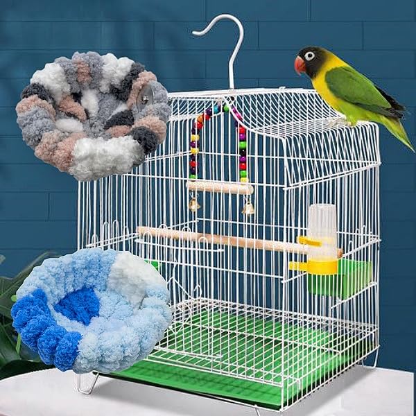 2 Pack Warm Bird Nest Bed for Cage Plush Hanging Parrot Bed Bird Snuggle Hut Hanging Sleeping Bird House for Parakeet, Conure, Budgie, Cockatiel, Lovebird, Finch, Hamster-Grey&Blue - color: Grey&Blue