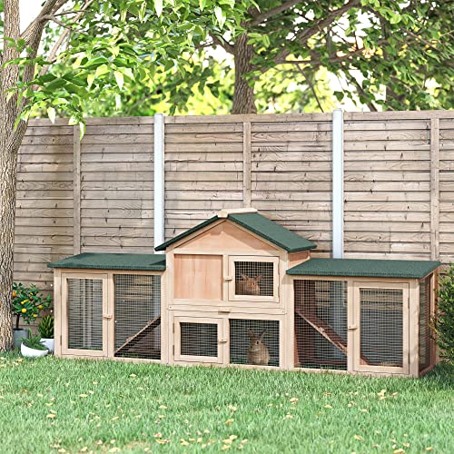 PawHut 83" L Outdoor Rabbit Hutch with Double Runs, Large Guinea Pig Cage Indoor, Wooden Bunny Hutch with Weatherproof Roof, Removable Tray, Ramps, for Rabbits, Chickens, Ducks, Natural - color: Natural