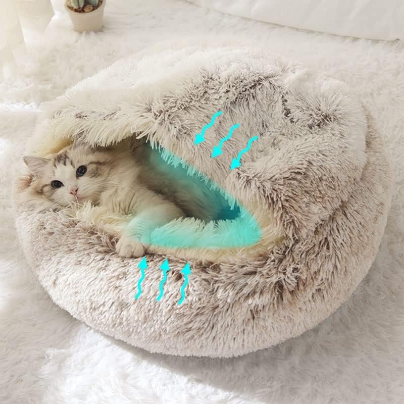 Round Fluffy Hooded Cat Bed Cave, Anti-Anxiety Cave Bed with Blanket | Hooded Cat Bed Cave, Cozy Cuddler Luxury Puppy Pet Bed, Anti-Slip Bottom and Machine Washable - color: Coffee, size: Large