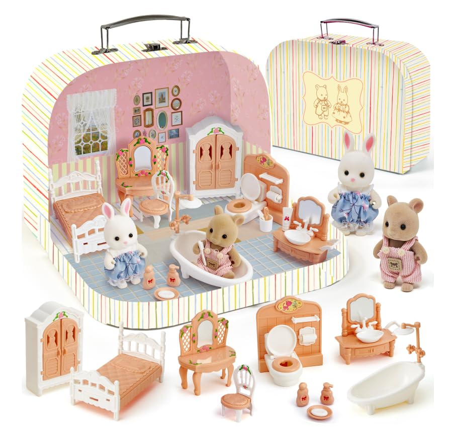TUZT Suitcase Dollhouse Furniture Set for Kids, Mini Dollhouse Box with 2 Flexible Dolls and Bedroom&Bathroom Furnitures, Pretend Play Accessories Christmas Birthday Gift for Toddlers Ages 3+ - style: Bathroom