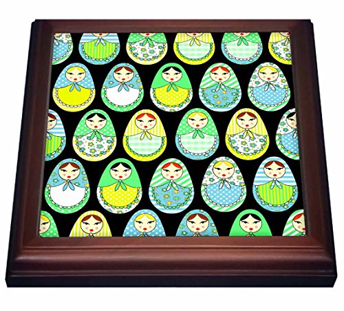 3dRose Cute Russian Matryoshka Nesting Dolls Print-Cool Colors Black Trivet with Ceramic Tile, 8 by 8", Brown