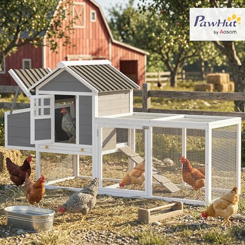 PawHut 82" Wooden Chicken Coop for 2-3 Hens with Nesting Box Gray | Large Outdoor Hen House Poultry Hutch, Pull-on Tray, Waterproof Roof, Ramp, Roosting Bars, Backyard Use