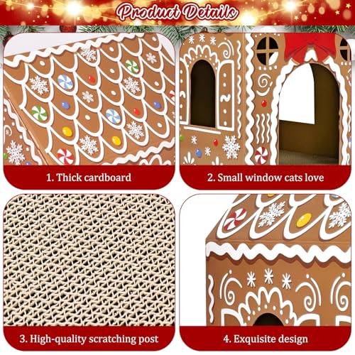 Cinrobiye Christmas Cardboard Cat House with Scratcher Pet Gingerbread Board Bed Cave Playhouse Hideaway Hideout Condo Decor Small Animals Scratch Box for Indoor Cats Kittens Rabbits Bunny (Brown, 1) - color: Brown