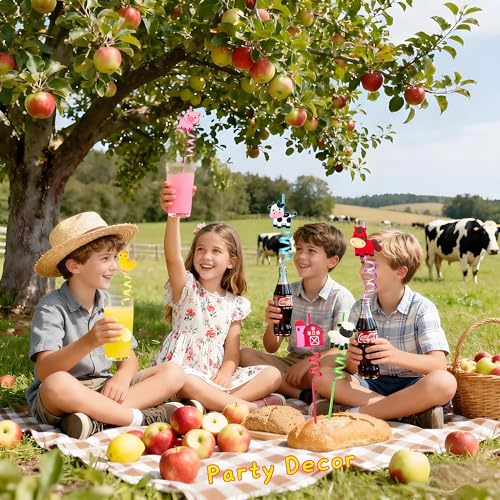 24 Reusable Plastic Drinking Straws for Farm Animal Birthday Party Favors | Fun Crazy Straws for Kids,Horse Cow Duck Sheep Pig Tractor Barnyard Theme Party Decorations,Classroom Prizes Student Gifts
