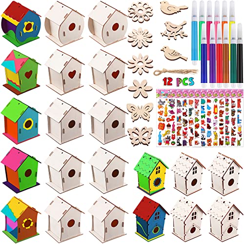 107 Pcs Wooden Birdhouse DIY Kits Includes 21 Unfinished Wood Mini Bird House 24 Watercolor Pen 50 Bird Butterfly Flower Slices 12 Animal Stickers for Adults DIY Craft Making Supplies (Cute)