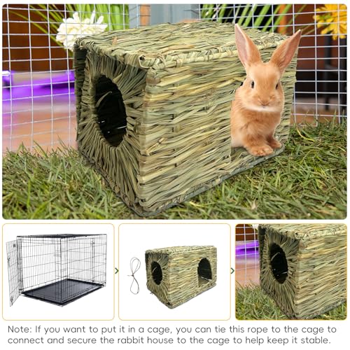 Hamiledyi 2 Pack Large Rabbit Grass House Hand Woven Natural Bunny Hut Foldable Play Bed Safe Cozy Hideaway Hay Mat Chew Toys for Hamster Guinea Pig Chinchilla Gerbil Ferret - size: 2 Pack (14.57"L x 11.42"W x 10.24"H)