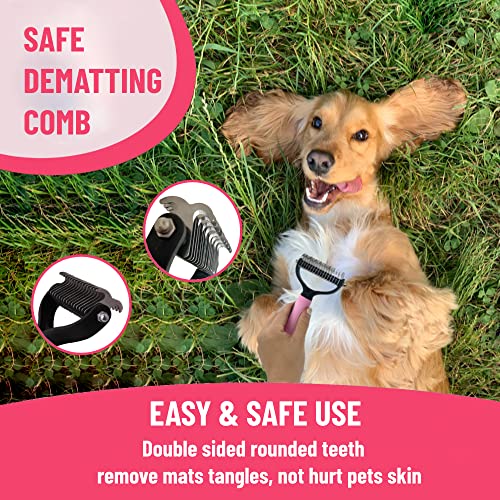 Dog Grooming Kit - Deshedding Brush for Short Hair, Slicker Brush, Flea Comb, Puppy Brush Set in Pink - color: Pink