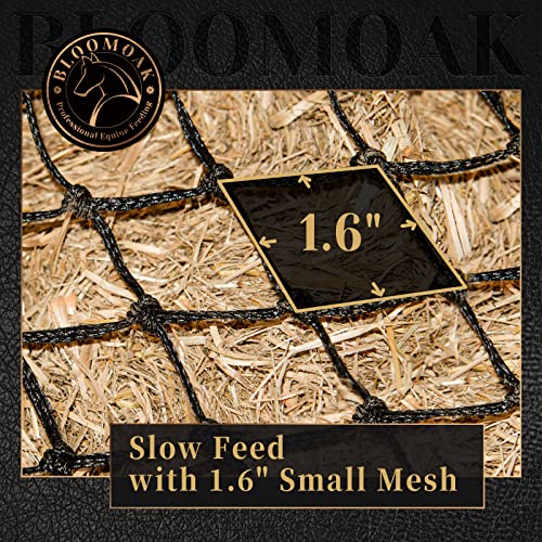 Bloomoak Slow Hay Net Feeder for Horses, Durable Soft Black PE 2/3 String Hay Bales Bags, Fit 36x18x18 to 47x25x17 Inches, Extends 50-64 Inches (3 1.6" Hole/1PC) - color: 3 String-1.6" Hole-Ultra Slow Feed/1PC