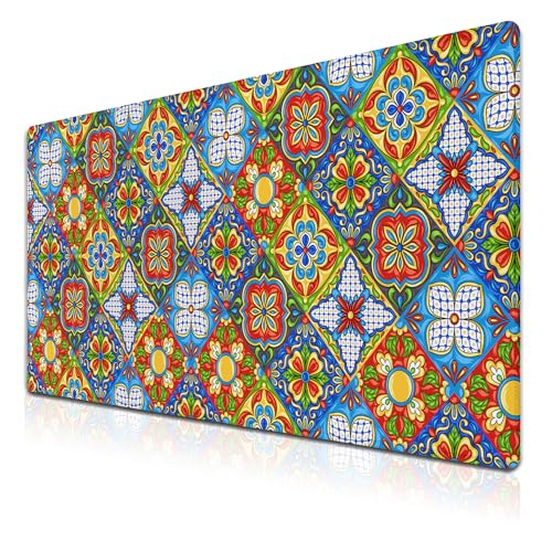 Extra Large Mouse Pads Gold Pad for Mouse Gaming Mousepad Computer Mat Large Mouse Mat Non-Slip Rubber Base 35.4 X 15.7 for Game Office, Mexican Talavera Ceramic Tile Pattern - color: Ceramic Tile Pattern