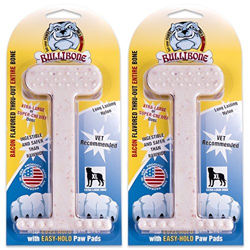 Bullibone Nylon Dog Chew Toy for Aggressive Chewers - Dental Hygiene Bone with Bacon Flavor, Durable Tough Chew Toys for Extra Large Dogs, Indestructible Dog Bone - 2 Pack - size: XL - 2 Pack