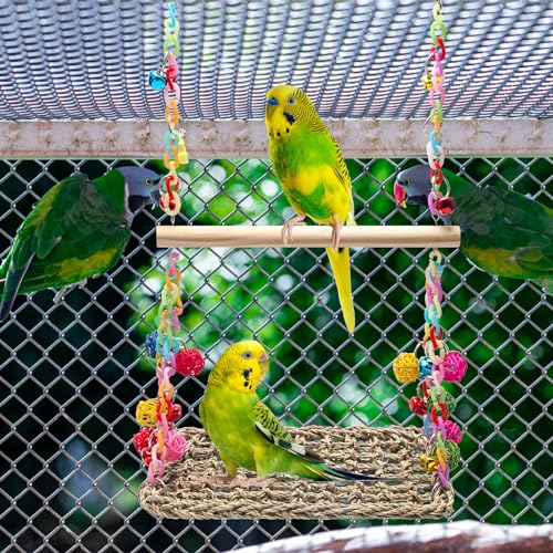 Bird Swing Toys Coolrunner Bird Hammock Bed Hanging Swing Nest Cotton | Weave Hemp Rope Bird Seagrass Swing Toys with Colorful Bells Bird Swing Toys for Parakeets, Budgie, Conure, Cockatiel