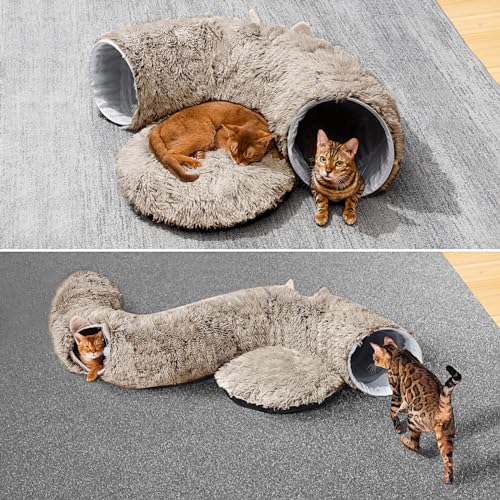 Cat Tunnel with Cat Bed for Indoor Cats, Soft Plush Peekaboo Cat Cave Donut Tunnel, Multifunctional Playground Toys Hideplace for Small Medium Large Kittens, Rabbit, Ferret, Brown - color: BROWN