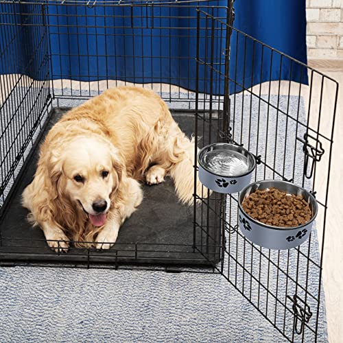 Kennel Water Bowl, ShineMe Stainless Steel Pet Food and Water Feeder Dishes - Attachable Dog Crate Bowls Hanging 2 Pack No Spill for Medium & Large Dogs (7.1x2.9” & 6.2x2.6”) - color: Grey, size: L (54oz+34oz)