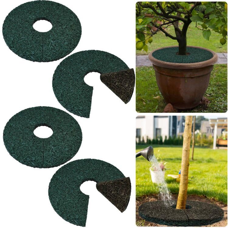 4pcs Double Side Rubber Tree Mulch Ring, 12In Heavy Duty Recycled Rubber Mulch Mat Natural Look Tree Root Protector Mat Reversible Round Tree Ring for Prevent Animal Dig, (Green Brown) - color: Green-4