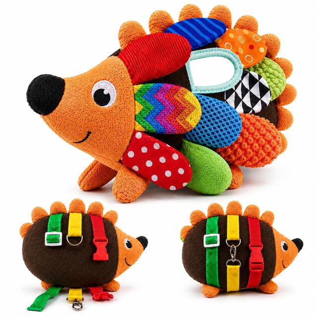 Sensory Hedgehog Buckle Toy for Toddlers 1-3 | Soft Plush Baby Buckle Toy with 8 Textures, Mirror, Crinkle & Sensory Activities | Montessori Toddler 2Buckle Toy for Fine Motor Skills