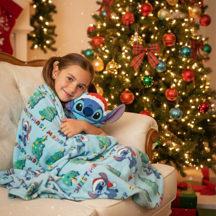 Jay Franco Kids Christmas Hugger Set – 12" Plush Pillow Buddy & 46" x 60" Fleece Throw Blanket, Ultra-Soft Bedding & Travel Set, Holiday Bedroom & Couch Décor, Blue - Stitch - color: Blue - Stitch