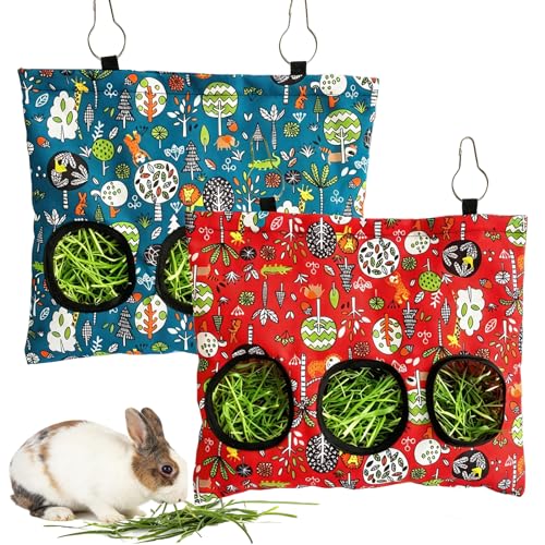 Rabbit Hay Feeder Bag, Guinea Pig Hay Feeder for Cage Small Animal Hanging Feeding Bags Rabbit Hay Dispenser Storage for Rabbits Guinea Pigs Bunnies Chinchillas (Red,Dark Blue, 3 Hole) - color: Red,Dark Blue