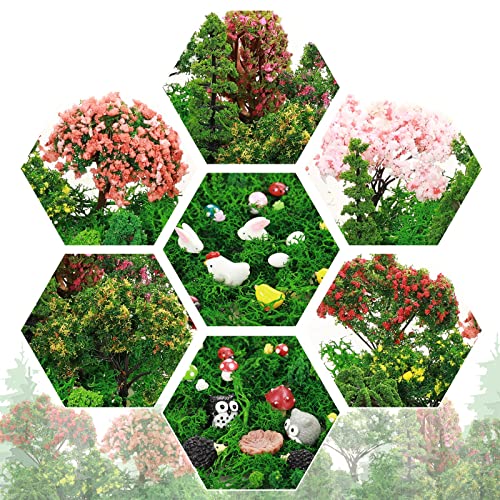 72 Pcs Miniature Garden Accessories Mini Moss Garden Animals Rabbit Owl Miniature Figurines Fake Diorama Trees Natural Outdoor Sheet for DIY Fairy Craft Decor