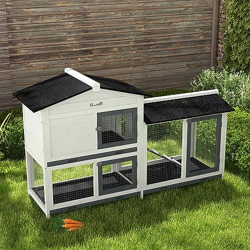 PawHut 62" Rabbit Hutch with Run Area for Rabbits, Chickens, White | Wooden Bunny Hutch, Guinea Pig Cage, Small Animal Enclosure, Removable Tray, Asphalt Roof, Lockable Doors, Ramp for Ducks - color: White