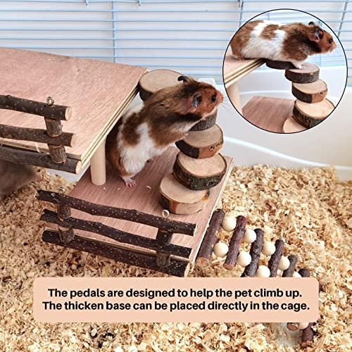 Hamster Climbing Toys,Toys Cage Accessories Two-Tier Hamster Playground Activity Platform with Bridge Natural Apple Wood Chew Toys for Guinea Pig,Gerbils,Chinchillas,Bunny,Rats