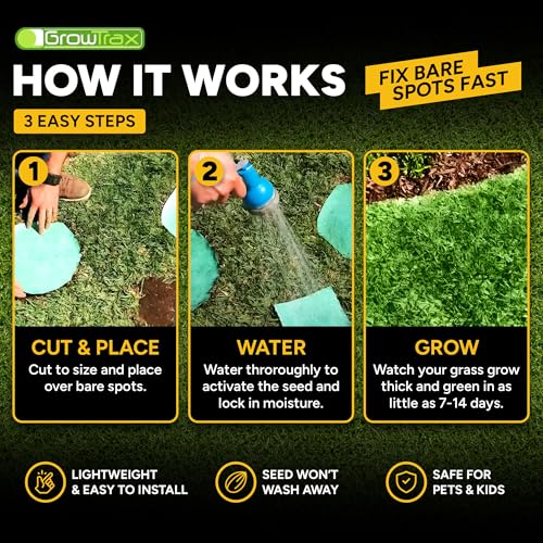 Growtrax Biodegradable Grass Seed Mat - 50 Sq Ft Bermuda Rye | Grass Seed and Fertilizer for Lawns, Dog Patches & Shade, Just Water and Grow, No Artificial Grass