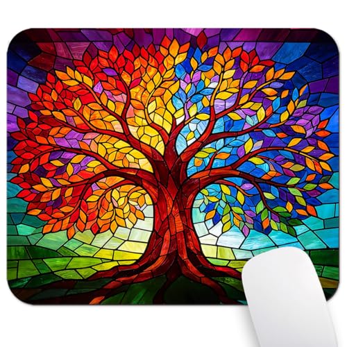 Abstract Tree of Life Mouse Pad, Rainbow Stained Glass Mosaic Art Desk Mat | 9.5"x 7.9", Vibrant Fantasy Design Colorful Artwork, Cute Smooth & Anti-Slip Mousepad - color: Colorful Design Wknoon-Art 01