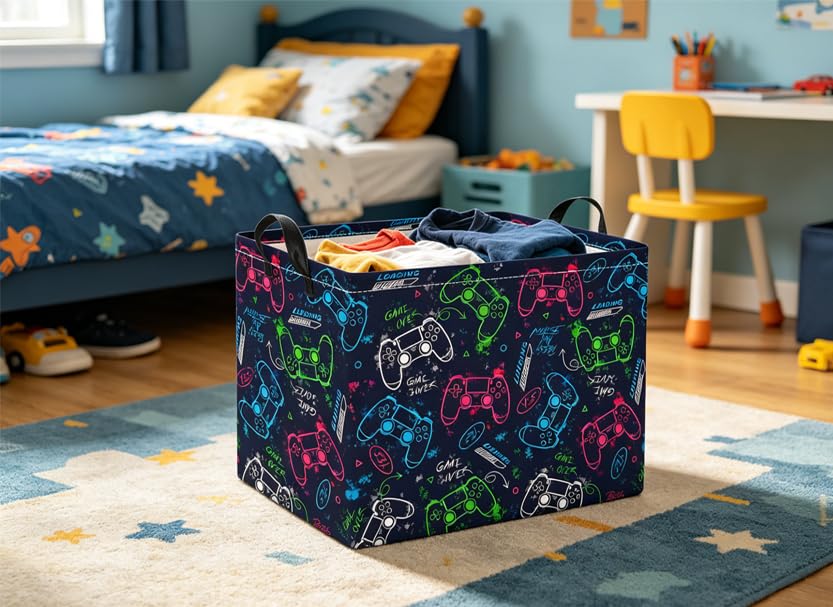 Rectangular Baby Kids Storage Basket for Home Kitchen Girls Cute Toy Storage Bin Organizer Shelf Book Room Decor(Blue Game) - color: Blue Game