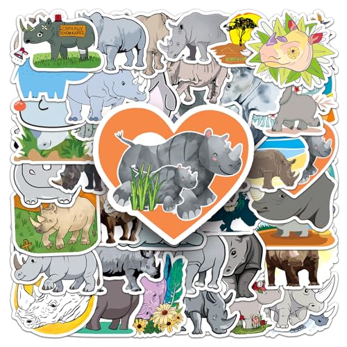 50Pcs Rhino Stickers, African Animal Waterproof Vinyl Stickers, Cute Rhinoceros Decals for Water Bottles Laptop Journal, Scrapbook, Phone, Cup, Skateboard, Helmet, Safari Party Favors for Kids Teens - color: Rhinoceros-5